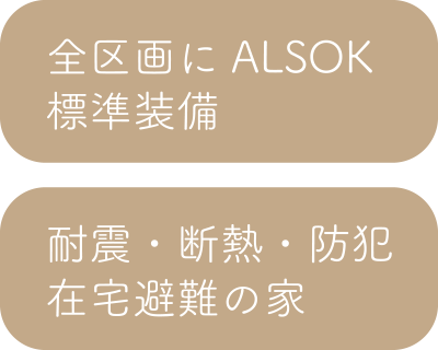 全区画にALSOK標準装備／耐震・断熱・防犯在宅避難の家