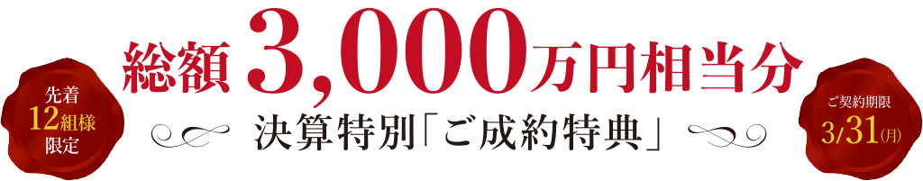 総額3,000万円相当分 決算特別「ご成約特典」先着12組様限定　ご契約期限3/31（月）