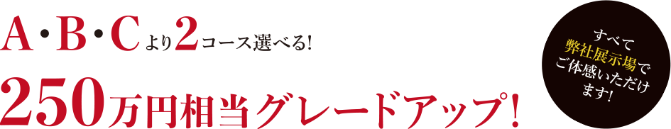 A・B・Cより2コース選べる！250万円相当グレードアップ！すべて弊社展示場でご体感いただけます。