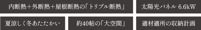 内断熱＋外断熱＋屋根断熱の「トリプル断熱」/太陽光パネル6.6kW/夏涼しく冬あたたかい/約40帖の「大空間」/適材適所の収納計画